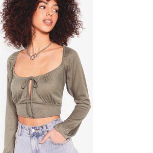 Nasty Gal Olive Green Square Neck Long Sleeve Tie Crop Top Size Small (4)